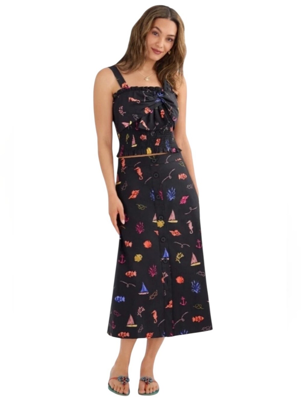 CABI Catalina Vacation Skirt And Matching Crop Top Black Ocean Resortwear 6786